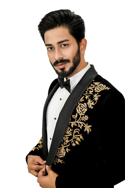 Black Velvet 2 piece Tuxedo with golden zardosi embroidery
