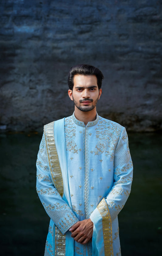 Arch Sherwani With Dupion Silk dhoti and khandwa