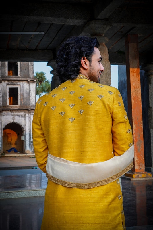 Rathostavam Sherwani with tissue silk dhoti and khandwa
