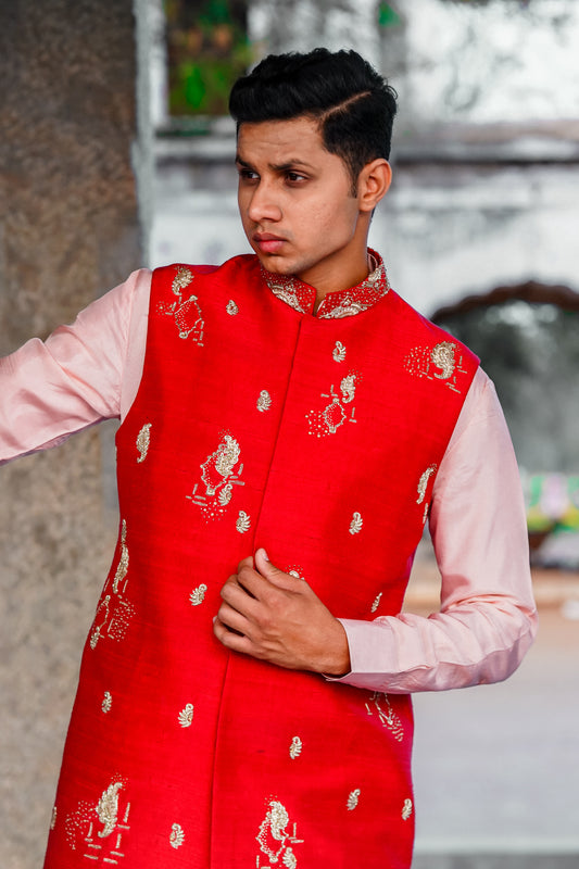 Coin Embroided Raw Silk Long Sadri