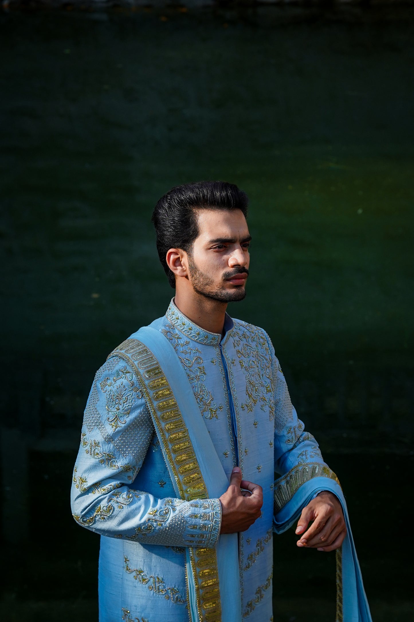 Arch Sherwani With Dupion Silk dhoti and khandwa