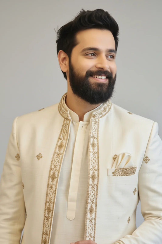 Ivory Embroidered Indo-Western Sherwani