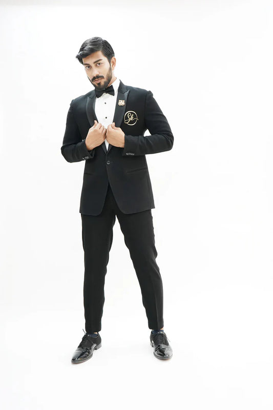 Black Italian Wool Crepe 2-Piece Tuxedo with Name Initial Embroidery Size