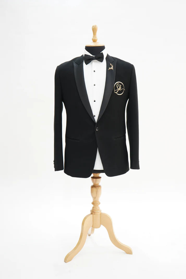 Black Italian Wool Crepe 2-Piece Tuxedo with Name Initial Embroidery Size