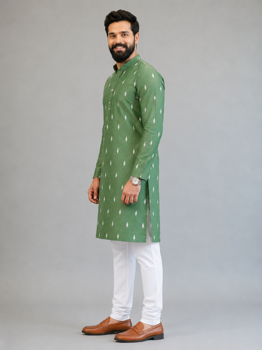 Men's Verdant Ikat Elegance Kurta — Sage Green Indian Ethnic Wear USA