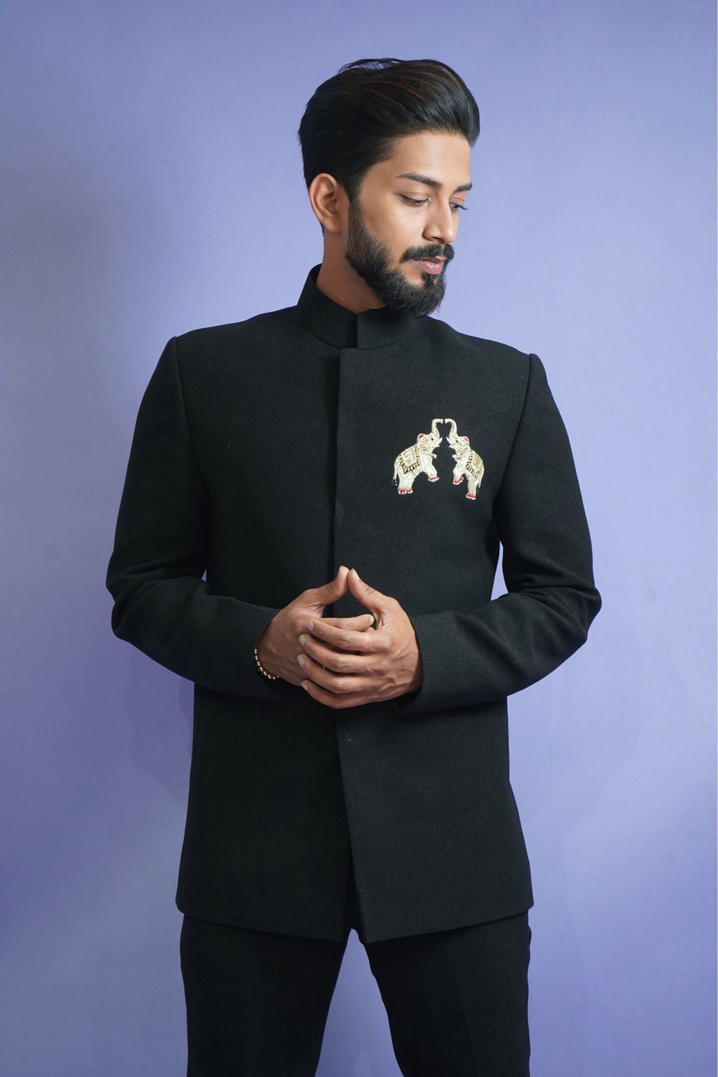 Jodhpuri wool crepe with elephant hand embroidery