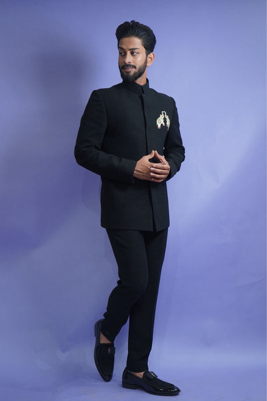 Jodhpuri wool crepe with elephant hand embroidery