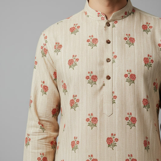 Floral Printed Beige Kurta for Men