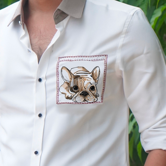 Bulldog Motif White Wool Crepe Shirt