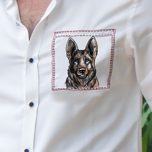 German Shepherd Motif White Wool Crepe Shirt