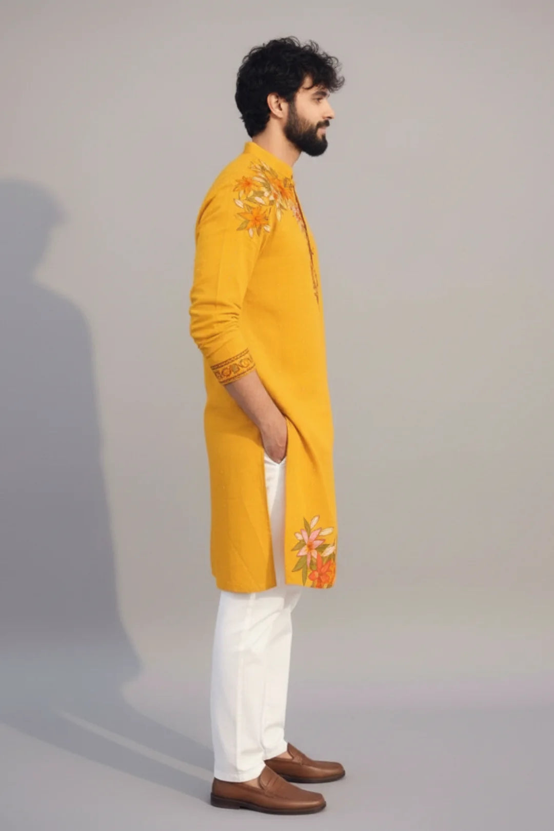 Mustard Yellow Hand-Painted Floral Kurta