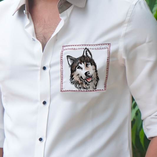 Husky Motif White Wool Crepe Shirt
