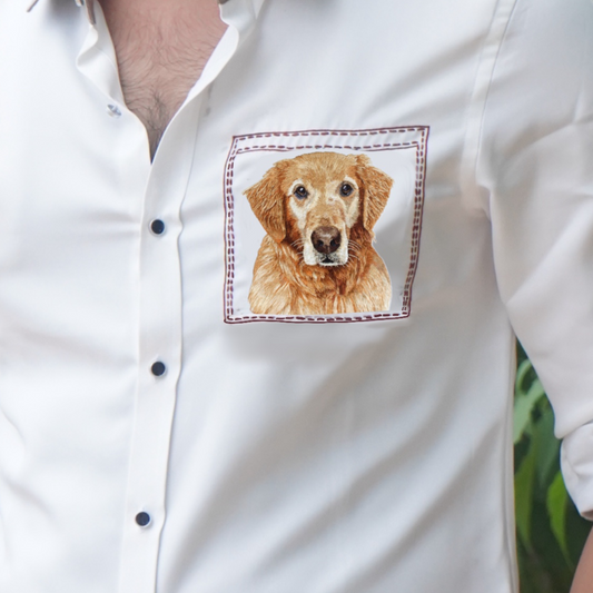 Golden Retriever Motif White Wool Crepe Shirt