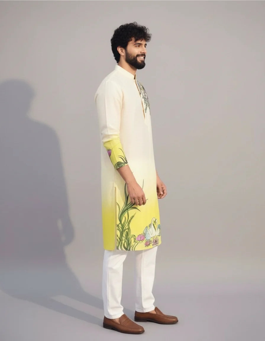 White–Yellow Hand-Painted Floral Kurta