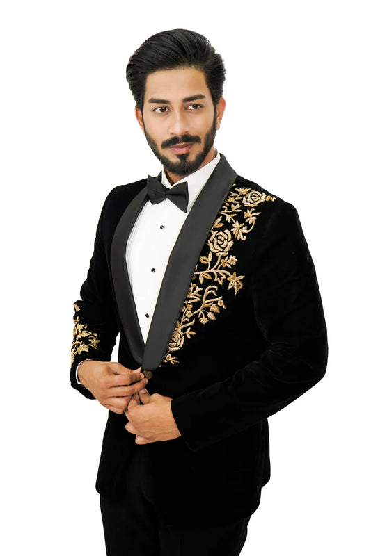 Black Velvet 2 piece Tuxedo with golden zardosi embroidery