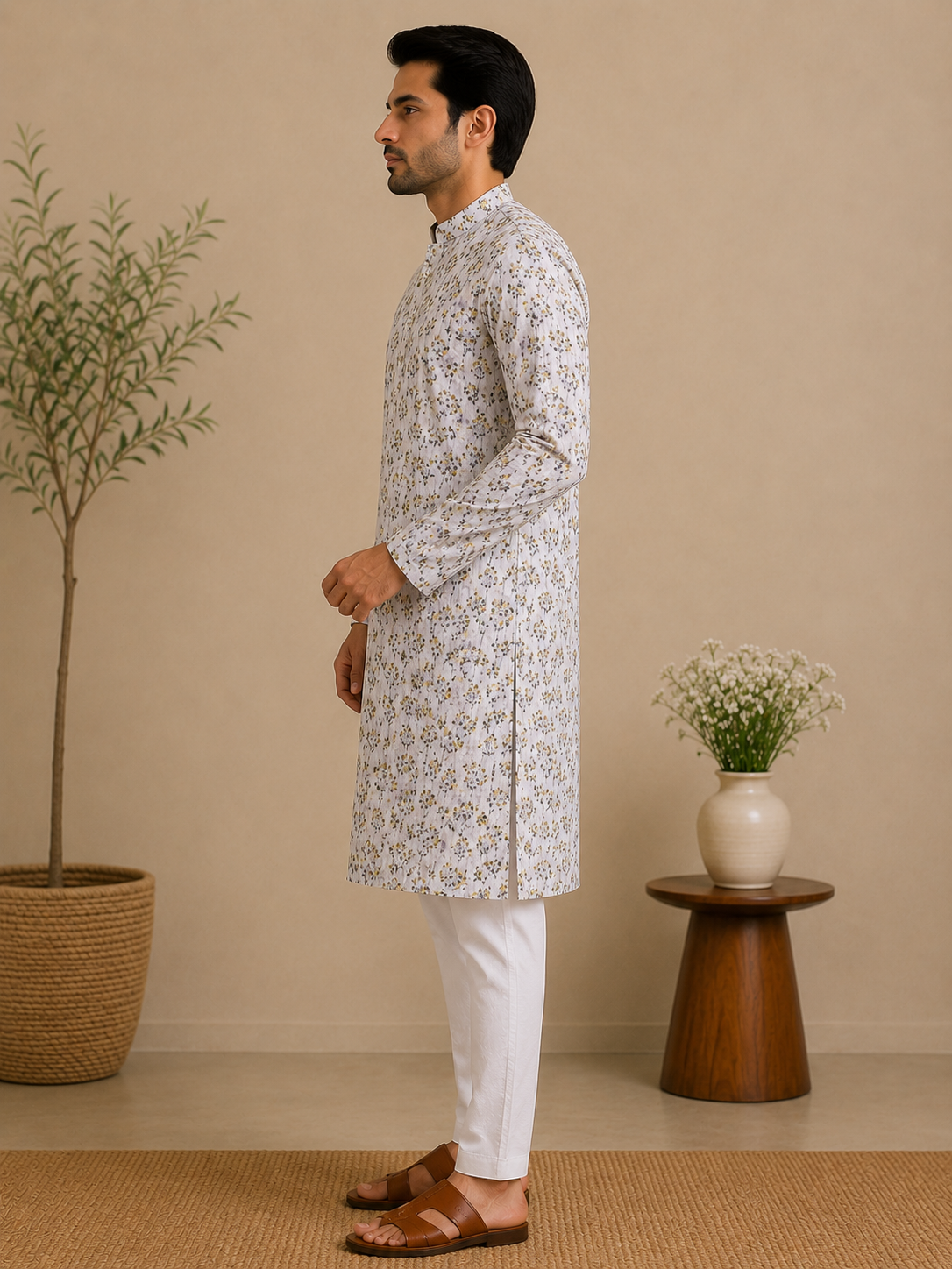 Minimalist Floral Kurta with Crisp White Trousers