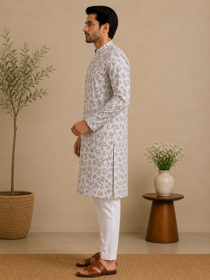 Minimalist Floral Kurta with Crisp White Trousers