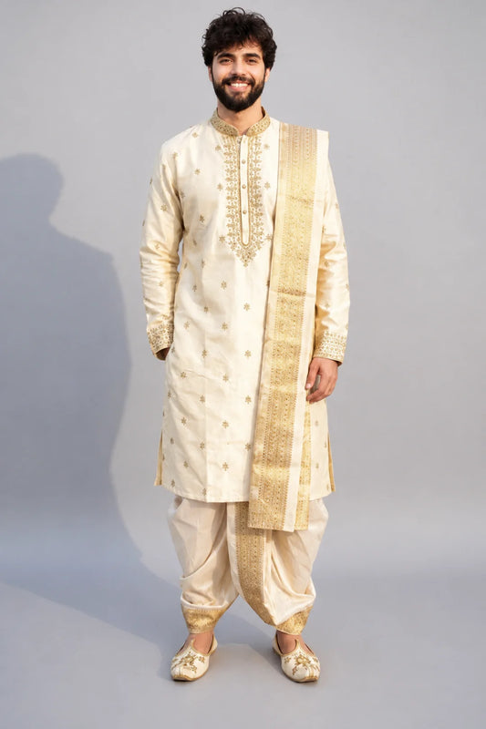 Ivory Self-Textured Pattu Pancha Set