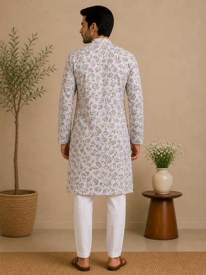 Minimalist Floral Kurta with Crisp White Trousers