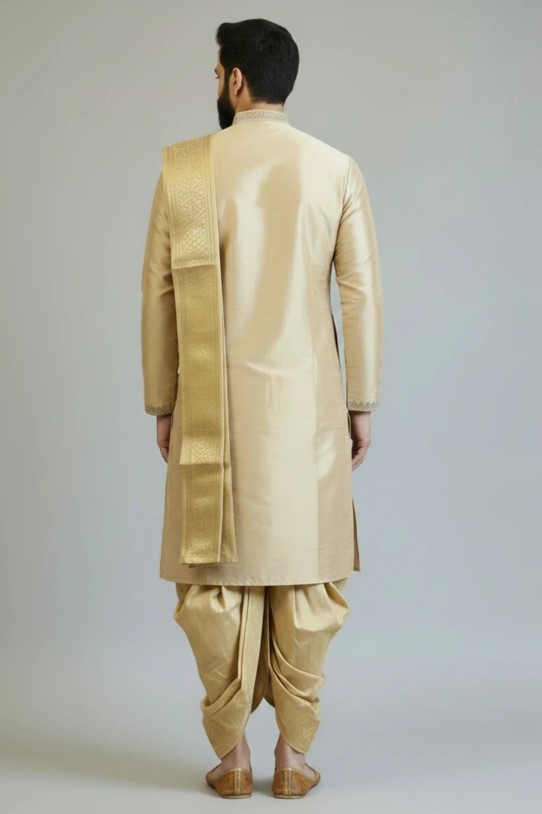 Beige Gold Self-Textured Pattu Pancha Kurta Set