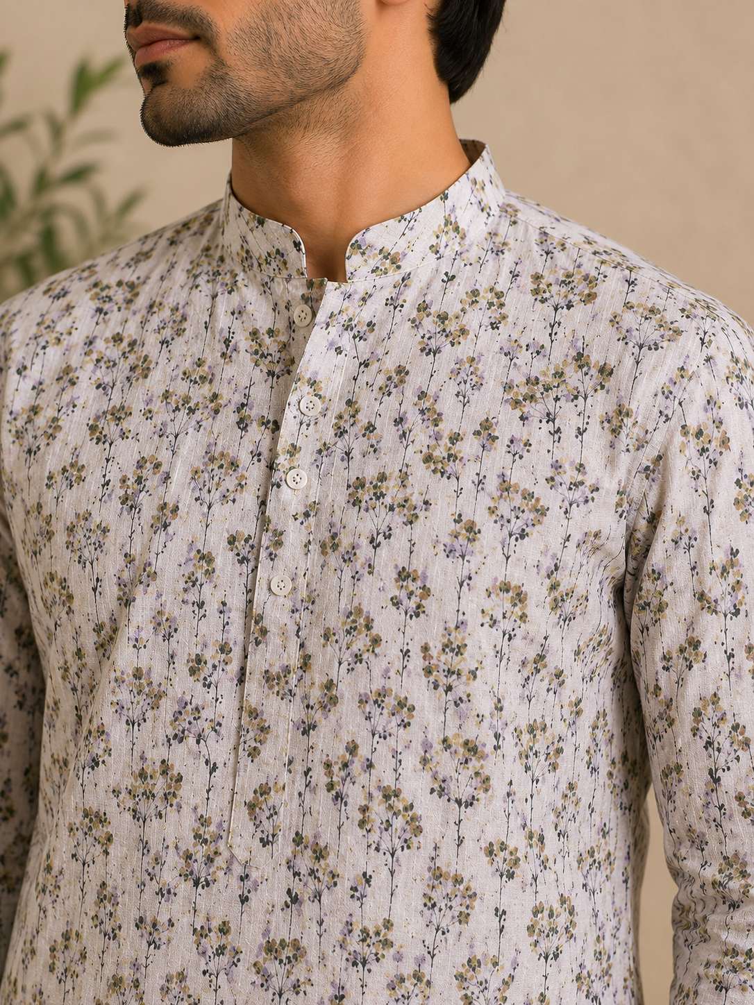 Minimalist Floral Kurta with Crisp White Trousers