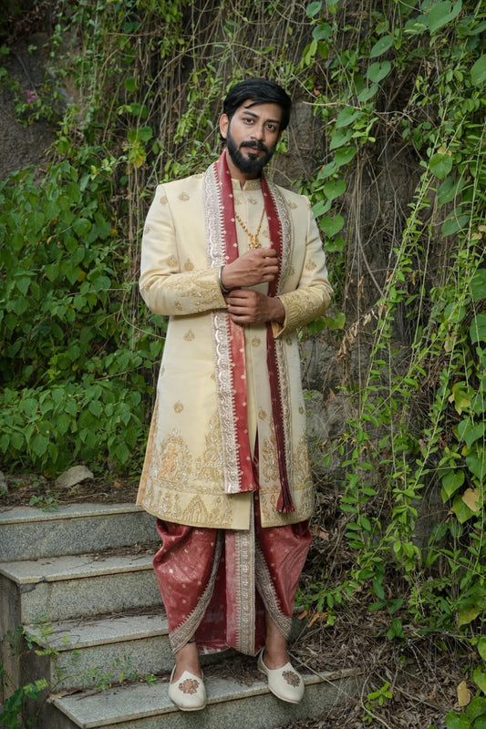 Yalli Sherwani Kurta, Dhoti & Stole Set