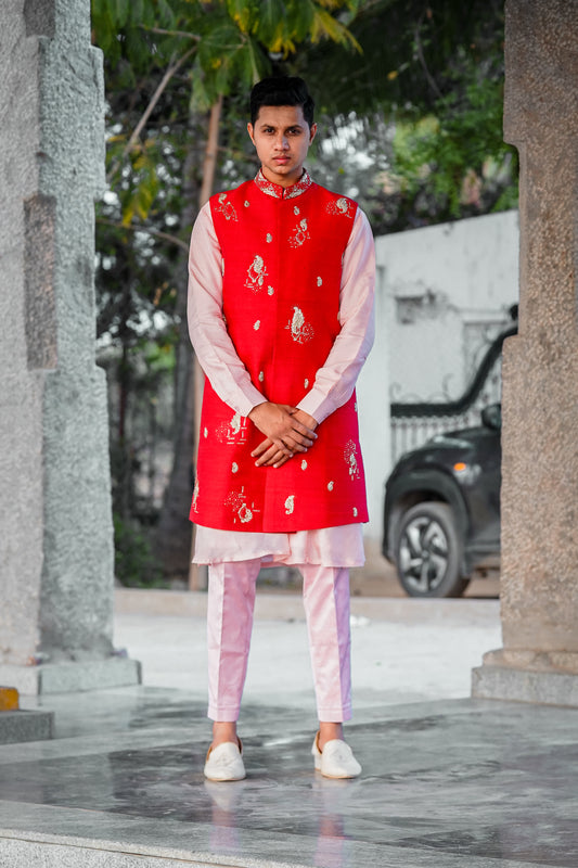 Coin Embroided Raw Silk Long Sadri