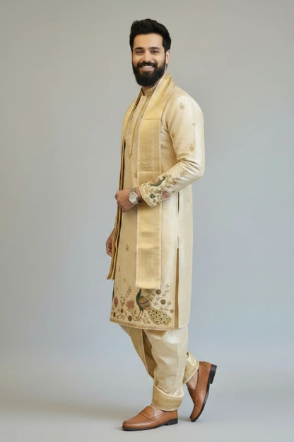 Ivory Gold Peacock Embroidered Kurta Dhoti Set