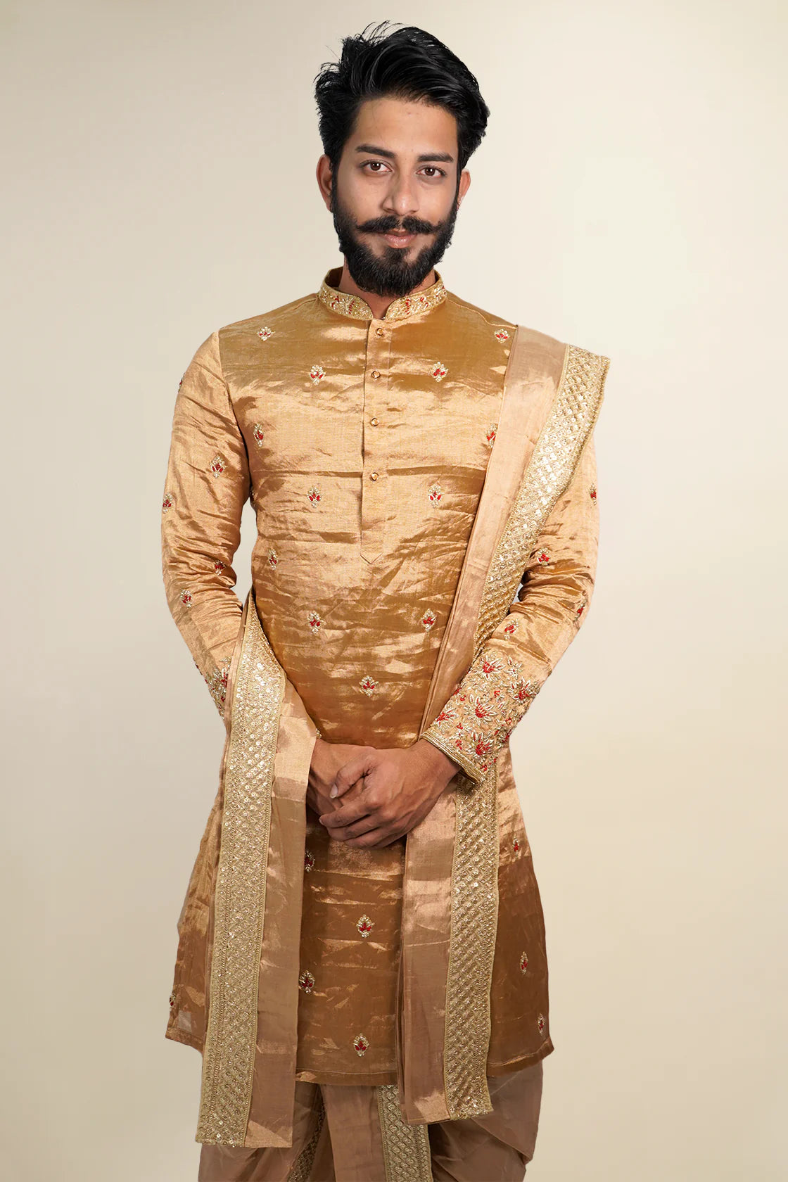 Antique Gold Tissue Pattu Kurta Set with Zardozi Work