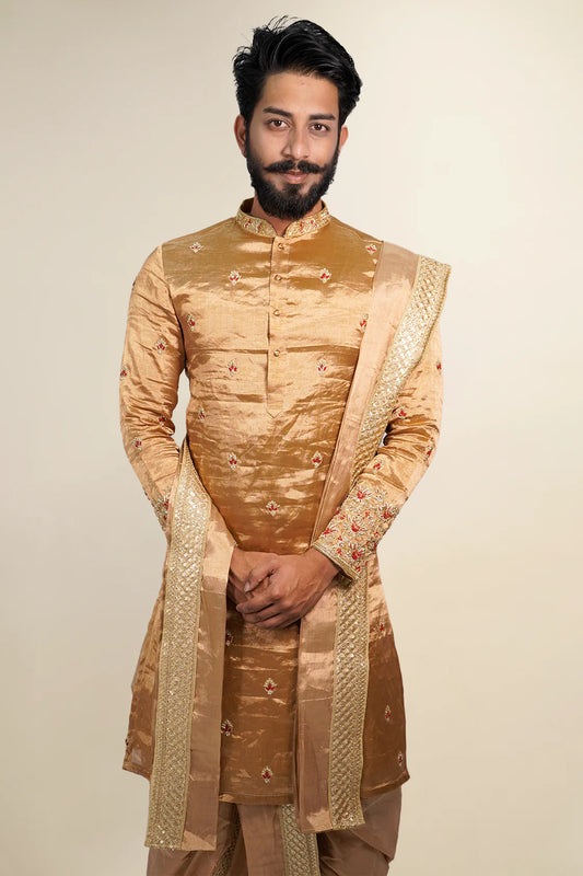 Antique Gold Tissue Pattu Kurta Set with Zardozi Work