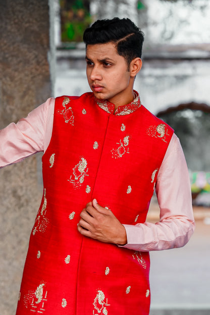 Coin Embroided Raw Silk Long Sadri