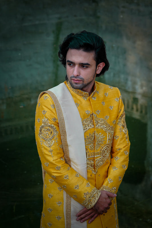 Rathostavam Sherwani with tissue silk dhoti and khandwa