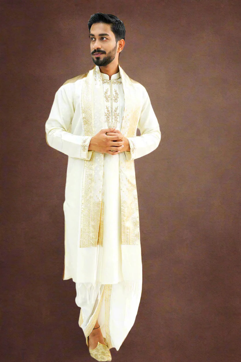 Light Cream Textured Pattu Pancha Kurta with Zardozi Work