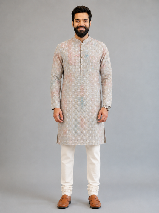Men's Pastel Heritage Embroidered Kurta — Indian Ethnic Wear for Weddings USA