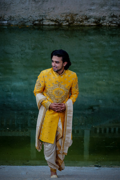 Rathostavam Sherwani with tissue silk dhoti and khandwa