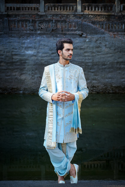Arch Sherwani With Dupion Silk dhoti and khandwa