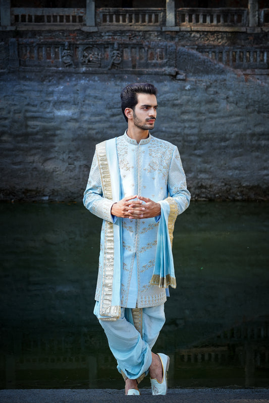 Arch Sherwani With Dupion Silk dhoti and khandwa