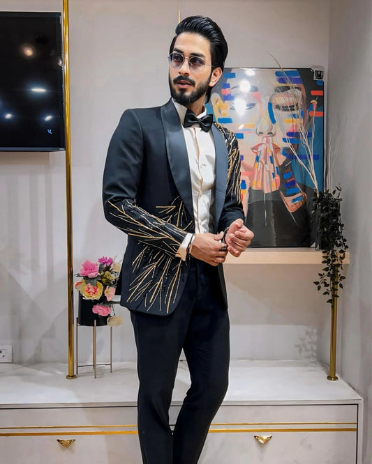 Black Designer Geometric Patterned Tuxedo Size