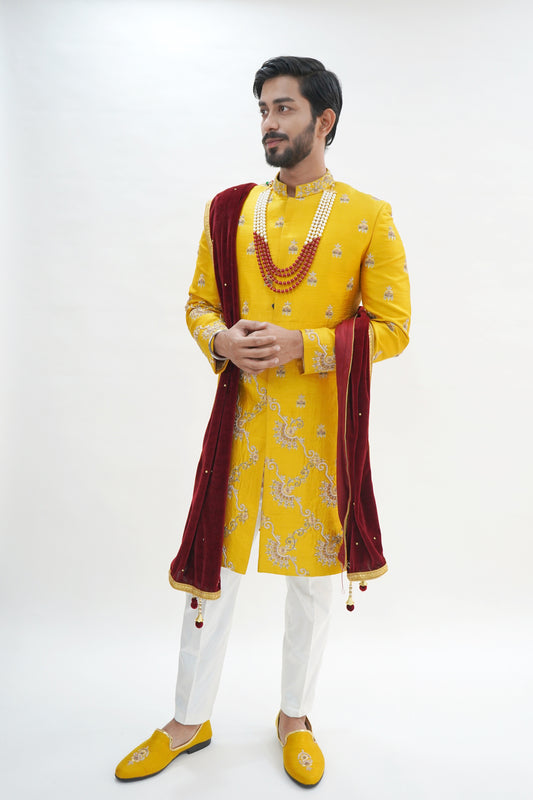 Pure Raw Silk Mustard Yellow Fully Embellished Sherwani