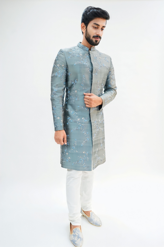 Ash Grey Hand Embroidered Sherwani