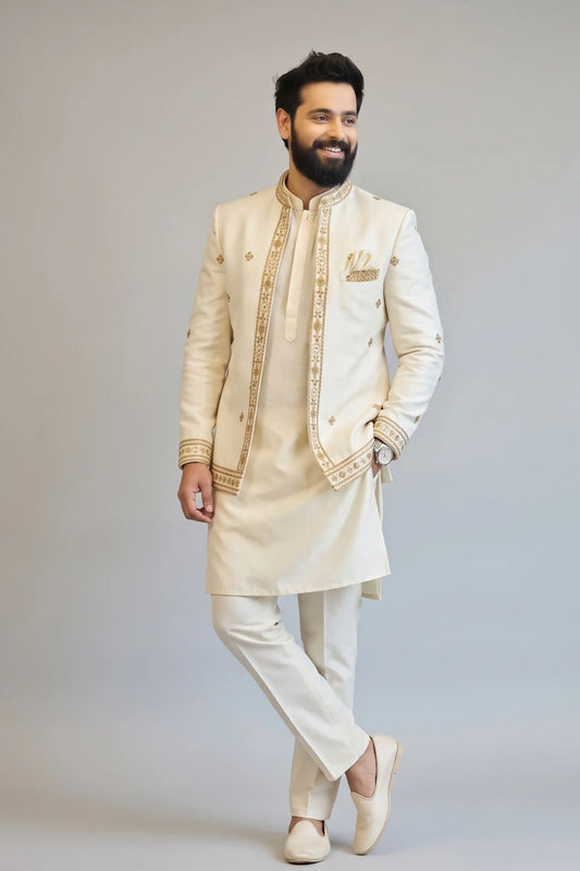 Ivory Embroidered Indo-Western Sherwani