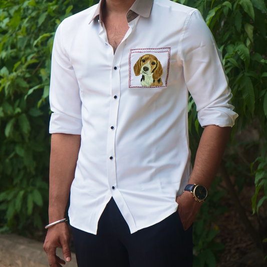 Beagle Motif White Wool Crepe Shirt