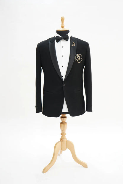 Black Italian Wool Crepe 2-Piece Tuxedo with Name Initial Embroidery Size