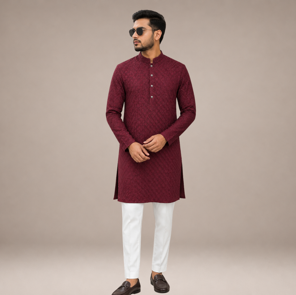 Royal Maroon Textured Kurta Set