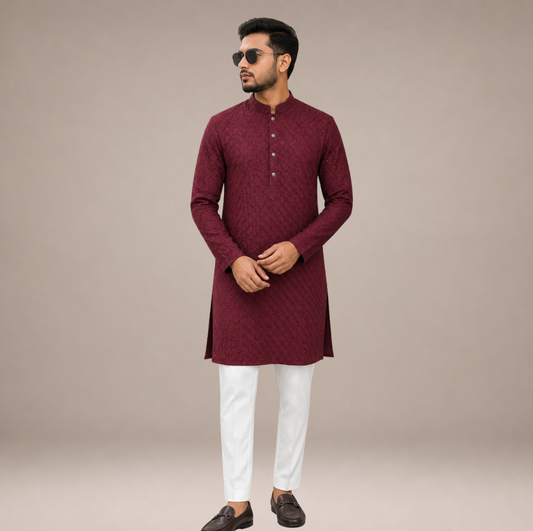 Royal Maroon Textured Kurta Set