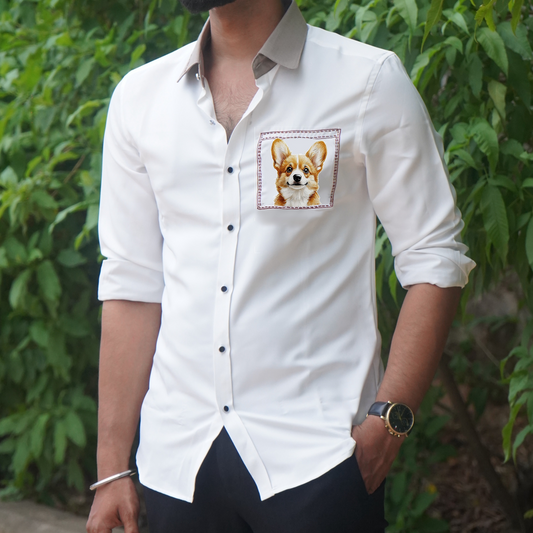 Corgi Motif White Wool Crepe Shirt