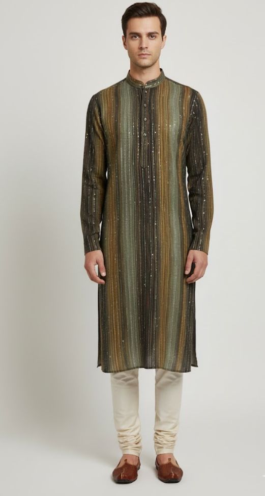Earth-Tone Sequin Kurta with Linear Texture