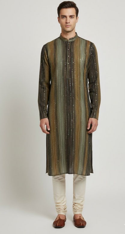 Earth-Tone Sequin Kurta with Linear Texture