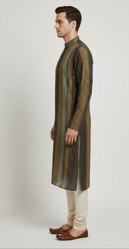Earth-Tone Sequin Kurta with Linear Texture