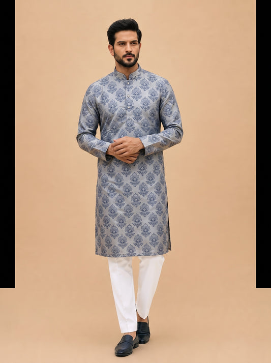 Silver-Blue Jacquard Kurta